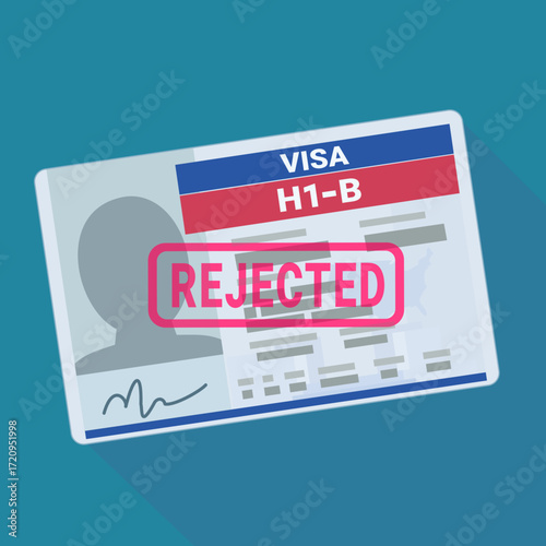 H1-B visa in flat design style with a red "REJECTED" stamp on a blue background with long shadow