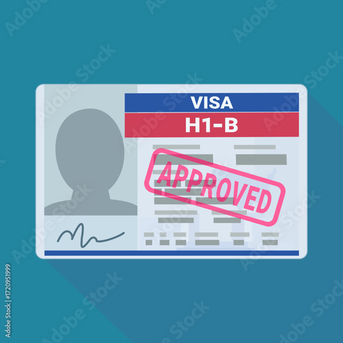H1-B visa in flat design style with a red "APPROVED" stamp on a blue background with long shadow