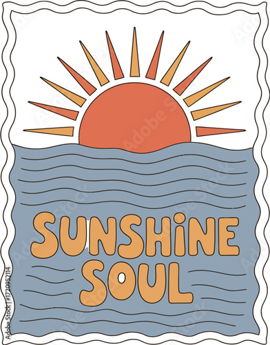 Vibrant sun rising over wavy ocean waters with "Sunshine Soul" text, evoking warmth and positive energy.