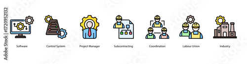 Project Coordination web banner icon vector illustration featuring Software, Control System, Project Manager, Subcontracting, Coordination, Labour Union, and Industry.
