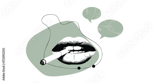 Captivating lips holding a cigarette with abstract shapes and speech bubbles, conveying conversation, secrets, or a moment of reflection.