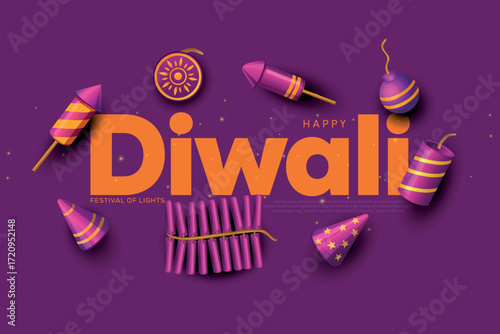 Indian festival Happy Diwali with Diwali Crackers, holiday Background, Diwali celebration greeting card, vector illustration design.