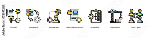 Business Planning web banner icon vector illustration featuring Planning, Component, Management, Project Documentation, Project Plan, Construction, and Project Team.