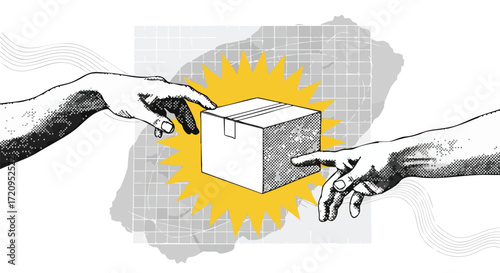 Two hands reaching for a delivery package, symbolizing logistics, shipping, and e-commerce success in a modern, graphic art style.