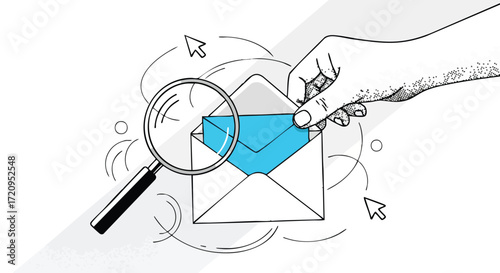 Illustration of a hand holding an envelope with a magnifying glass, symbolizing email analysis.