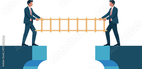 Two businessmen build a bridge to connect two separate platforms, symbolizing collaboration.