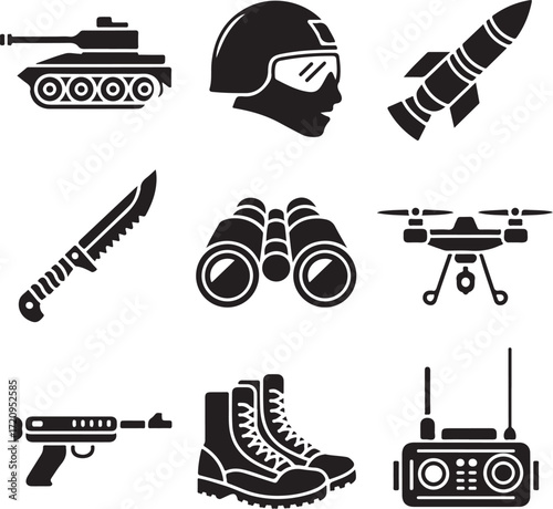 Set of nine detailed military equipment icons on white background vector