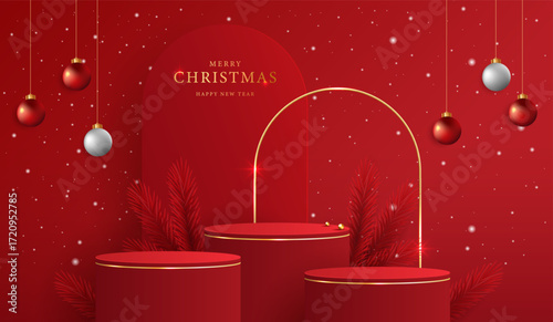 Podium shape for show cosmetic product display for christmas day or new years. Stand product showcase on red background with lighting christmas. vector design.