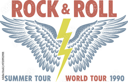 Retro rock and roll wings graphic with lightning bolt and tour text