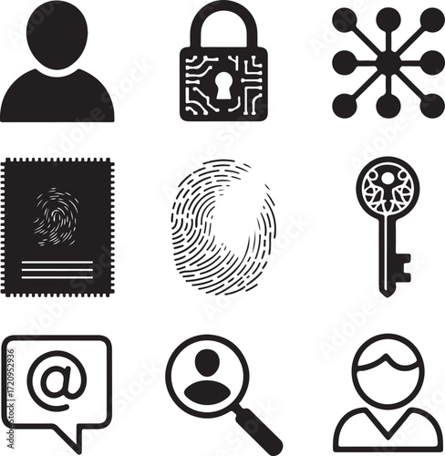 Set of nine detailed online identity icons with transparent background internet security digital profile
