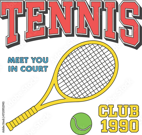 Retro tennis club graphic with racket, ball, and vintage typography