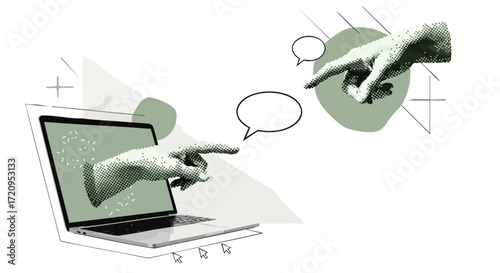 Illustration of two hands pointing at each other, one emerging from a laptop screen, symbolizing digital communication and interaction.