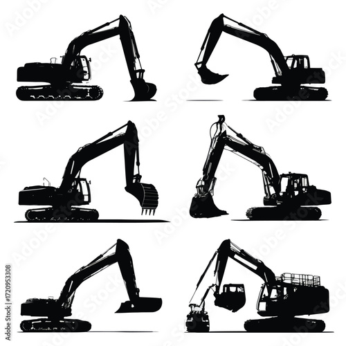 Black and white excavator silhouettes collection
