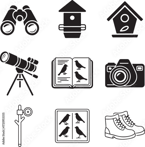 A set of nine detailed bird watching equipment icons on a white background binoculars