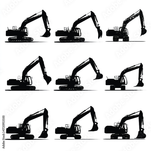 Set of black and white excavator silhouettes