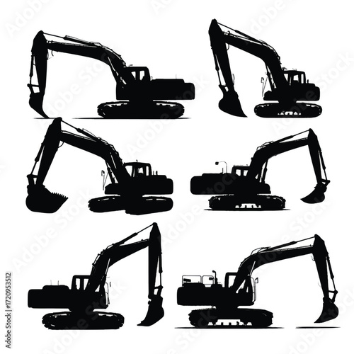 Collection of black and white excavator silhouettes