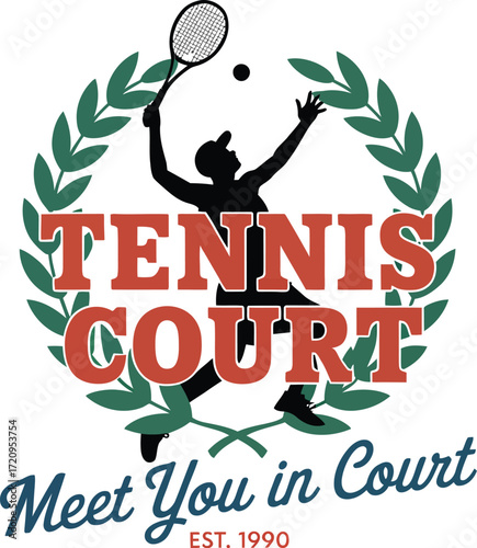 Dynamic tennis player in silhouette serving a ball amidst laurel wreath