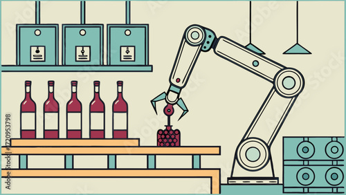 Automation in wine production robotic arm filling bottles in a modern winery process industry concept