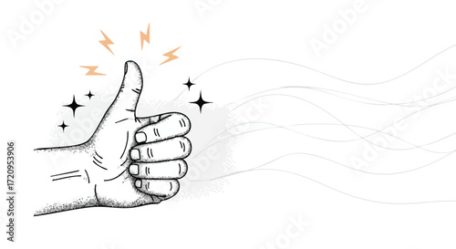 Enthusiastic hand giving a vibrant thumbs up with sparkling success elements and energetic lines for positive feedback and approval
