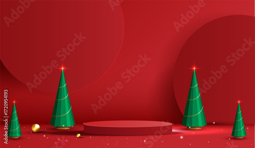 Podium shape for show cosmetic product display for christmas day or new years. Stand product showcase on red background with lighting christmas. vector design.