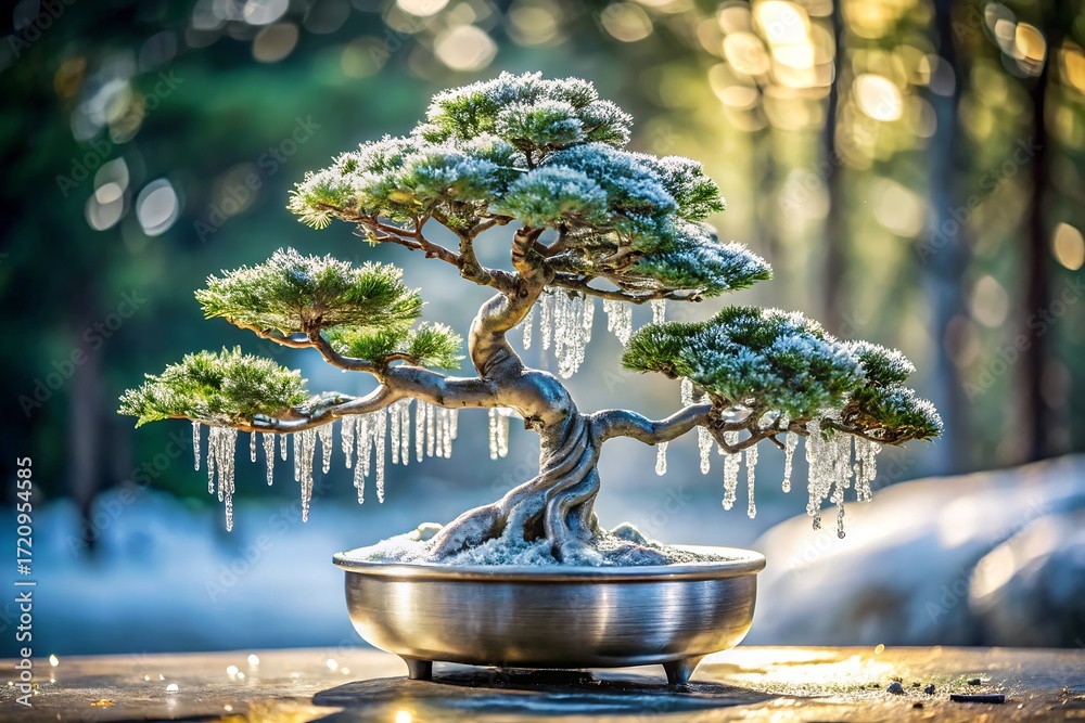 Obraz premium Snow covered bonsai tree with icicles in a metal pot outdoors