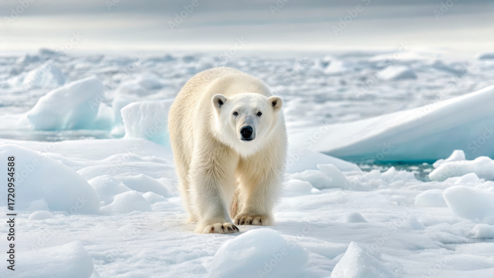 Obraz premium Microplastic and Contamination concept ,polar bear walking through snow with hidden plastic bag tangled near paw