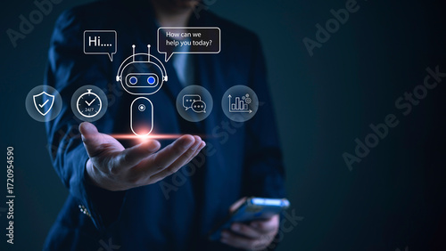 Hand holding hologram bot with speech bubbles for customer service, support ticket, automation, AI assistant, chatbot, messaging, KPI, insights, secure, mobile device, business growth.