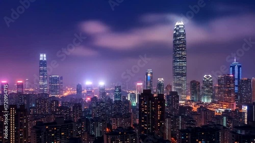 Wallpaper Mural Nighttime Cityscape: Dynamic Time-Lapse View of Hong Kong's Skyline at Night Torontodigital.ca