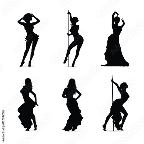 Exotic dancer silhouettes black and white set