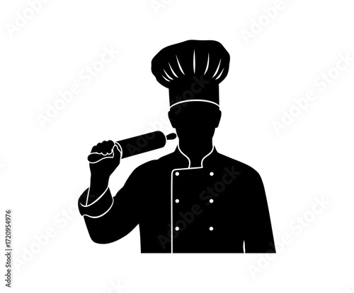 Silhouette of a professional baker or chef in a toque holding a rolling pin. Culinary arts icon