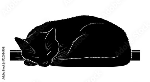 Minimalist graphic illustration of a black domestic cat curled up and sleeping on a white background