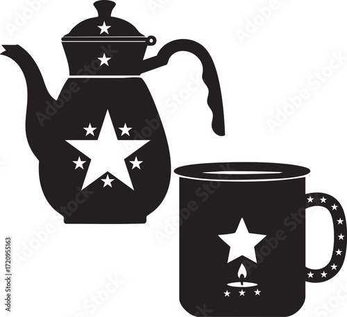 Black silhouette coffee pot and mug with star decoration – vector illustration