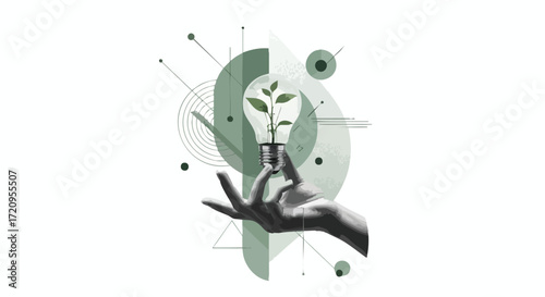 A hand holding a lightbulb with a growing plant inside, symbolizing green energy and sustainable innovation.