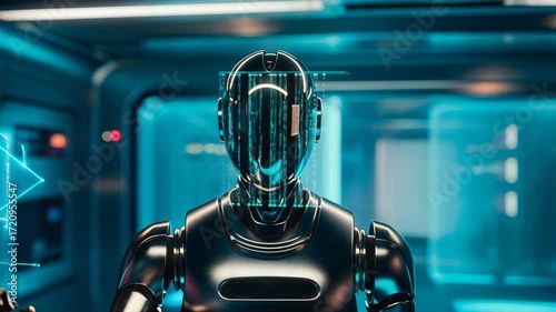 High-Tech Hub humanoid AI robot in futuristic laboratory with holographic interfaces and advanced digital research systems