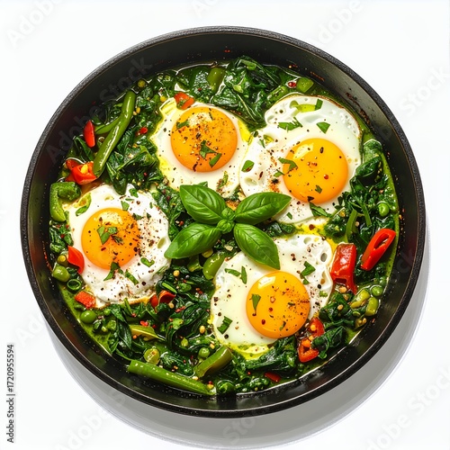 Colorful shakshuka dish with fried eggs, spinach, and peppers on white background