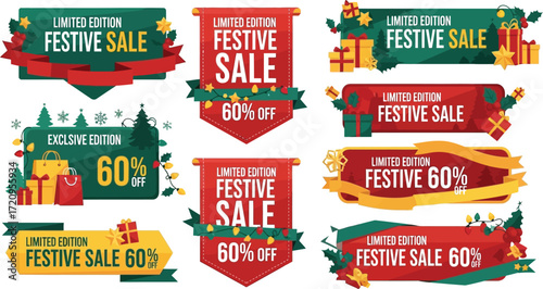Festive holiday sale banners and labels offering discounts and limited editions.