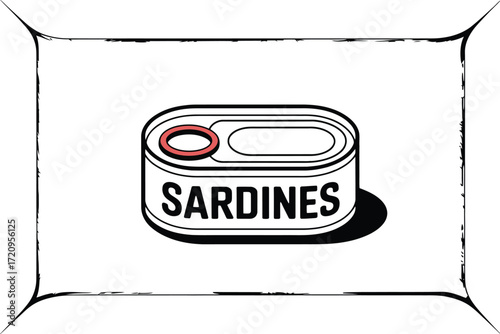 Simple illustration of a closed tin can labeled "Sardines"