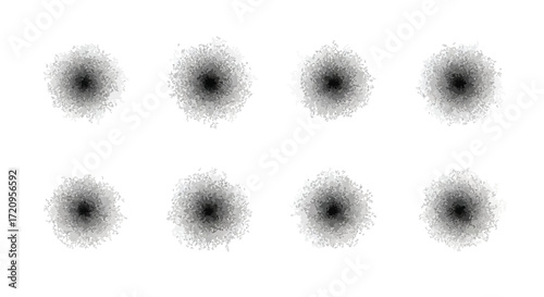 Eight abstract, circular, grayscale, nebulous shapes arranged in two rows on a white background.