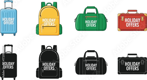 Vibrant collection of luggage and bags promoting holiday offers