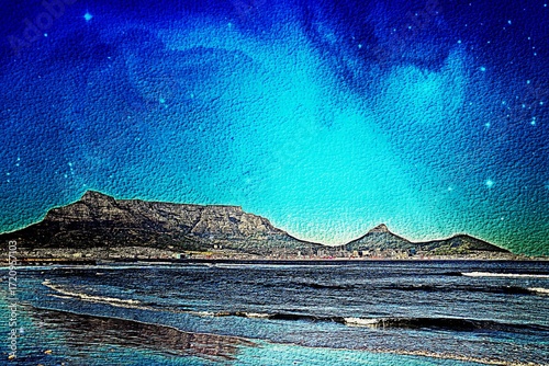 Landscape with the beach and Table Mountain across the sea in morning light mixed media