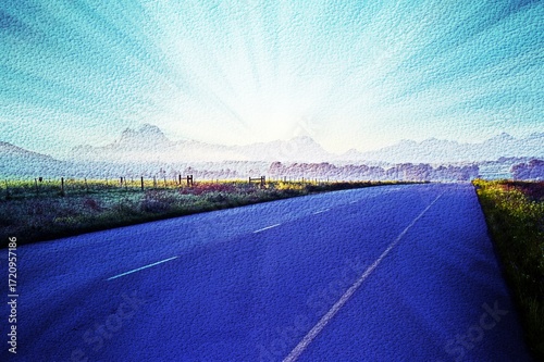 Landscape with a country road and morning fog mixed media