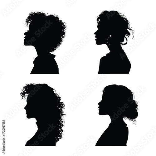 Set of black and white woman face silhouettes
