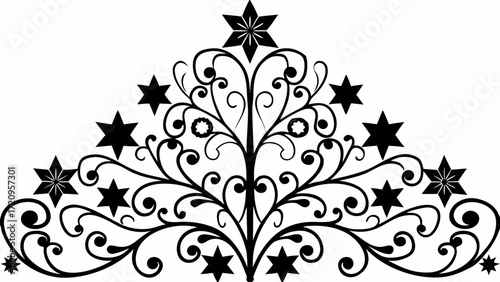 Elegant flourish design with stylized stars, perfect for festive invitations and holiday decorations, a classic decorative flourish for cards and design projects