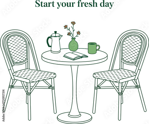 Charming cafe table set for a peaceful morning with coffee and flowers