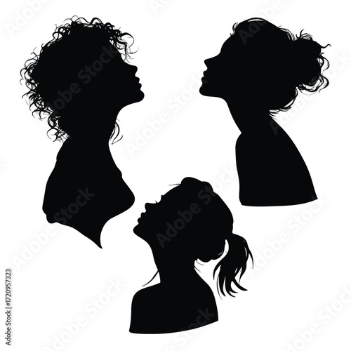 Set of woman face silhouettes in black and white