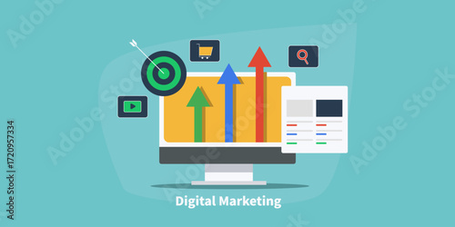 Computer screen projects directional arrows moving upward, presenting strategic digital marketing in driving targeted outcomes.