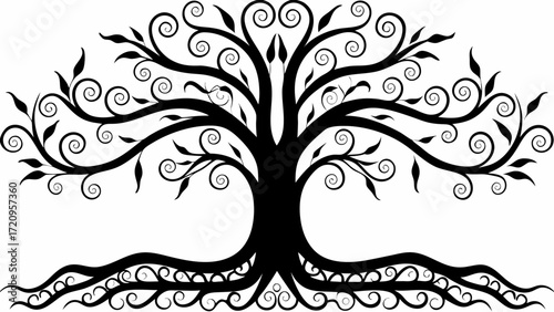 Stunning tree of life illustration with swirling branches and roots, perfect for nature-themed designs, spiritual concepts, or family heritage projects