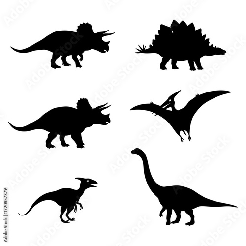 Silhouettes of Prehistoric Dinosaurs Triceratops, Stegosaurus, Pterodactyl, and More