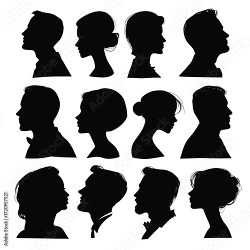 Diverse human face silhouettes collection black and white
