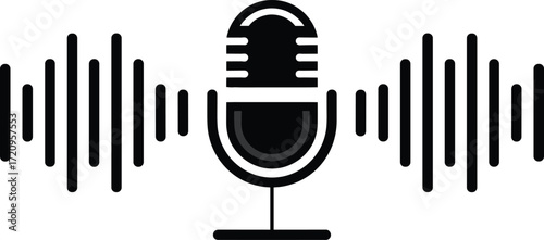 Microphone with sound waves, podcast audio symbol, broadcasting music icon, recording studio design, radio voice illustration, cad drawing flat vector illustration